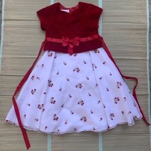 Red Velvet and Floral Print Formal Dress With Bow
